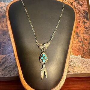 Sterling Silver Turquoise Feather Pendant Necklace Paper Clip Chain Native Style